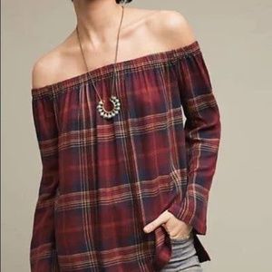 Cloth & Stone off shoulder plaid blouse • M